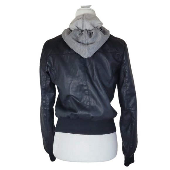 Miss Posh Faux Leather & Terry Black Gray Full Zip Hooded Jacket Size Medium - Picture 2 of 10